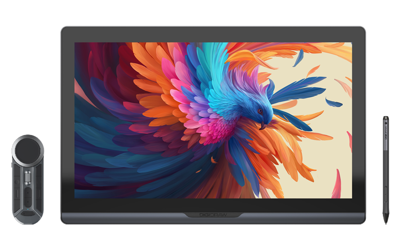 DigiDraw Turing Pro 19 drawing display with colorful bird artwork, stylus, and wireless remote